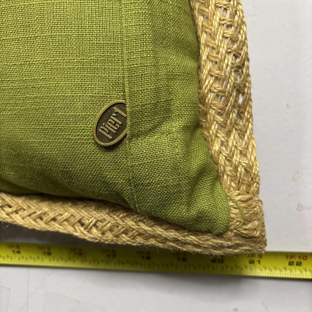 Vtg Pair Of Pier 1 100% Cotton (2) Large Pillows Green Brown W/ Jute Trim 21x21
